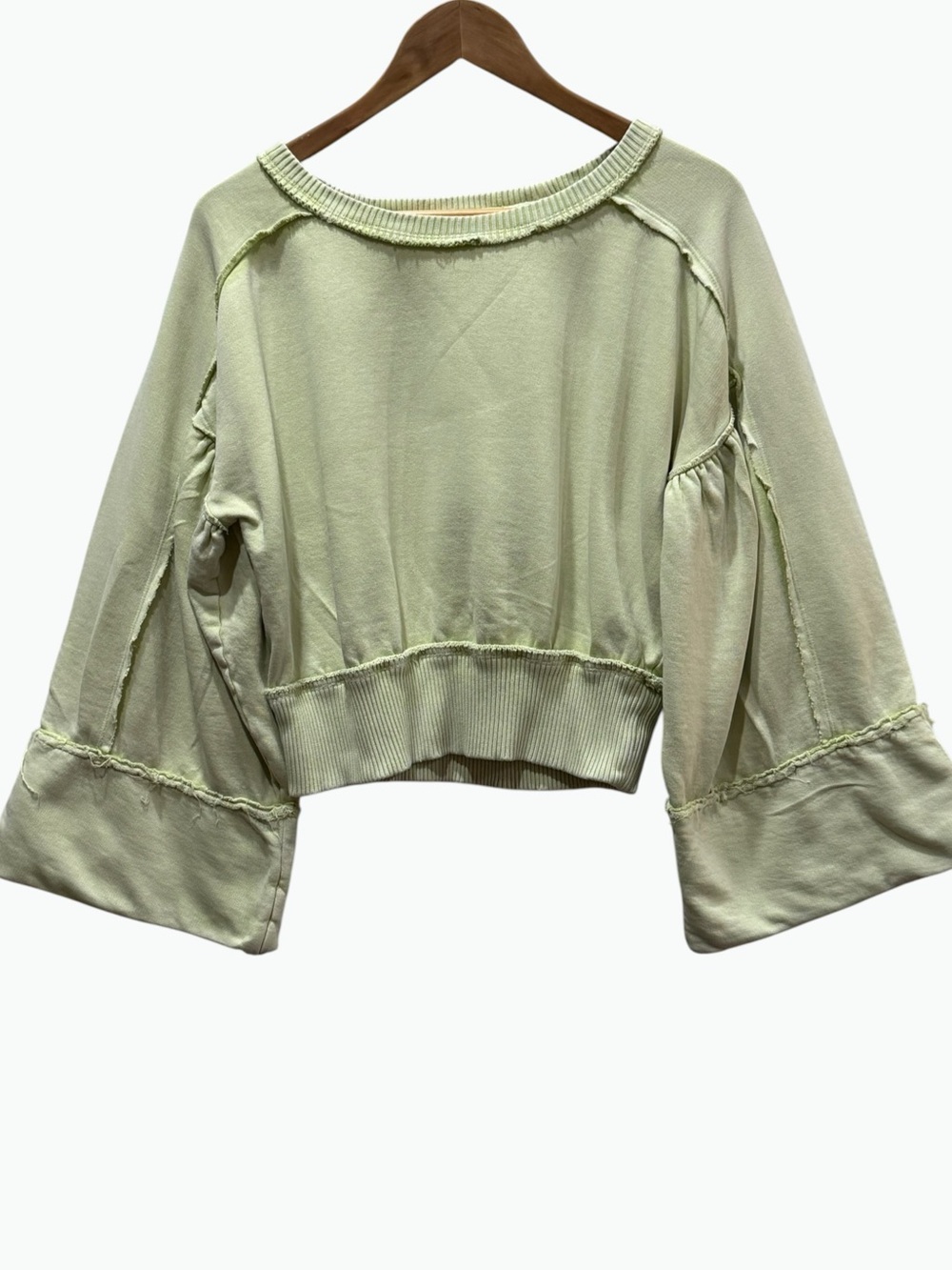 Free People Light Green Sage Raw Seam Cropped Bell Sleeve Sweatshirt Size Small